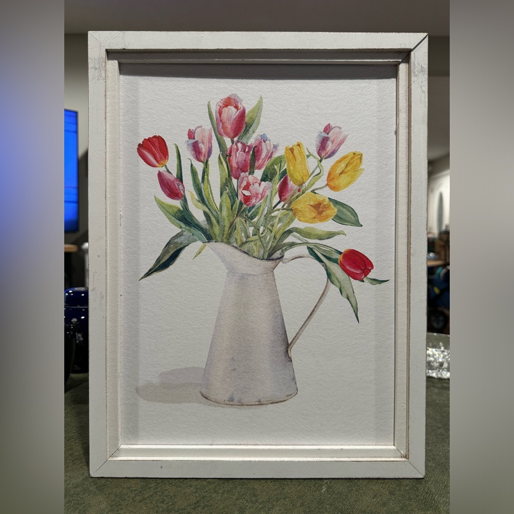 White Wooden Framed Florals In Water Can Wall Art! Adorable! Farm House Style!